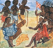 Depiction of a leader, merchant, and soldiers in the kingdom of Kongo (Angola), ca. 1675