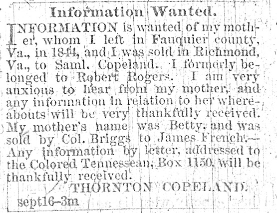 Ad in the Colored Tennessean newspaper in Nashville, Tennessee, October 7, 1865