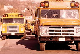School buses, New Ulm, Minnesota, 1974