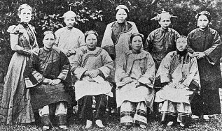 Missionary Emily Hartwell of the Women's Board of Missions with Chinese students, Foochow Mission, China, 1902