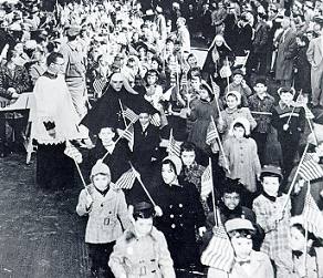 Parochial school children in a patriotic parade, New York, 1957